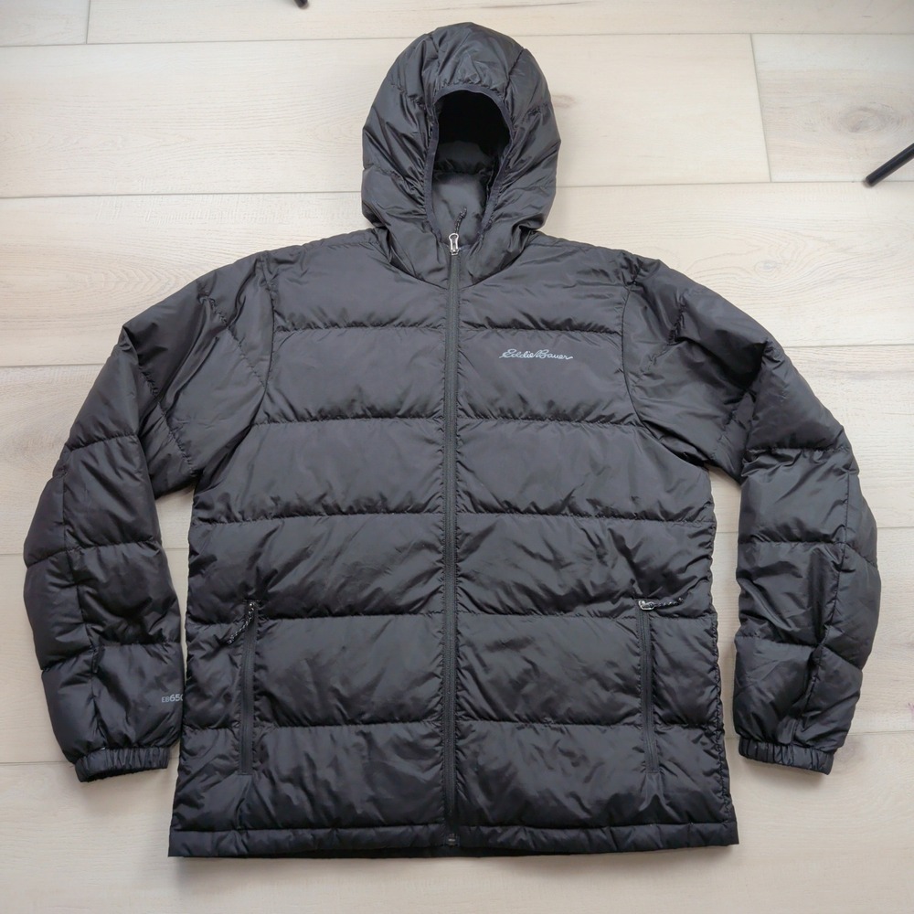 Eddie Bauer Mens Wide Channel Hooded Down Jacket Black EB650 Size Large 1526048